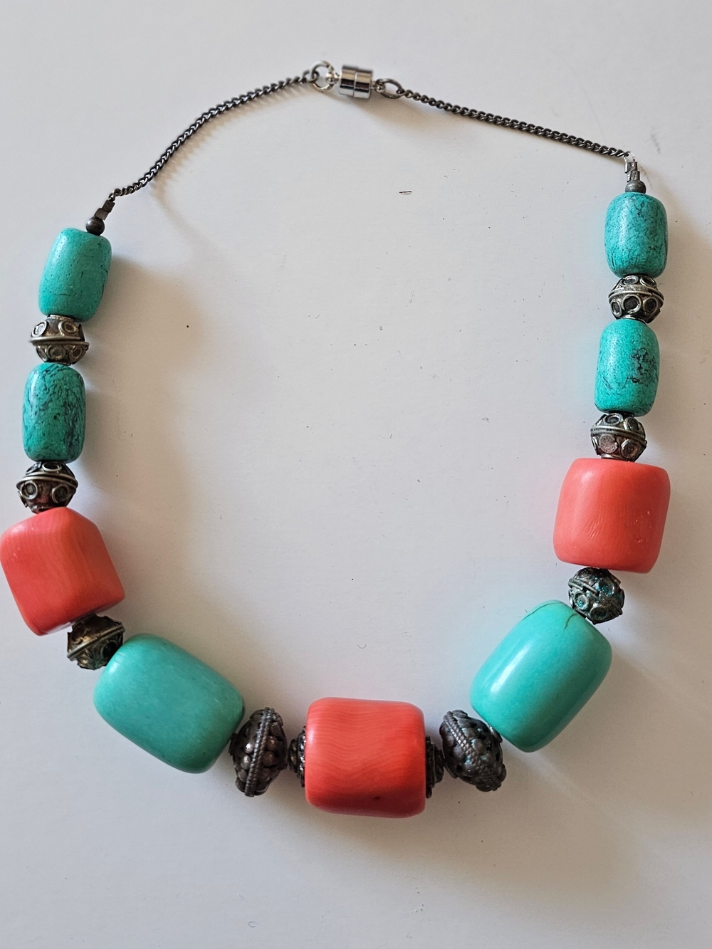 Vintage Tibetan Style Necklace – Dyed Coral & Turquoise Barrel Beads - Picture 2 of 14